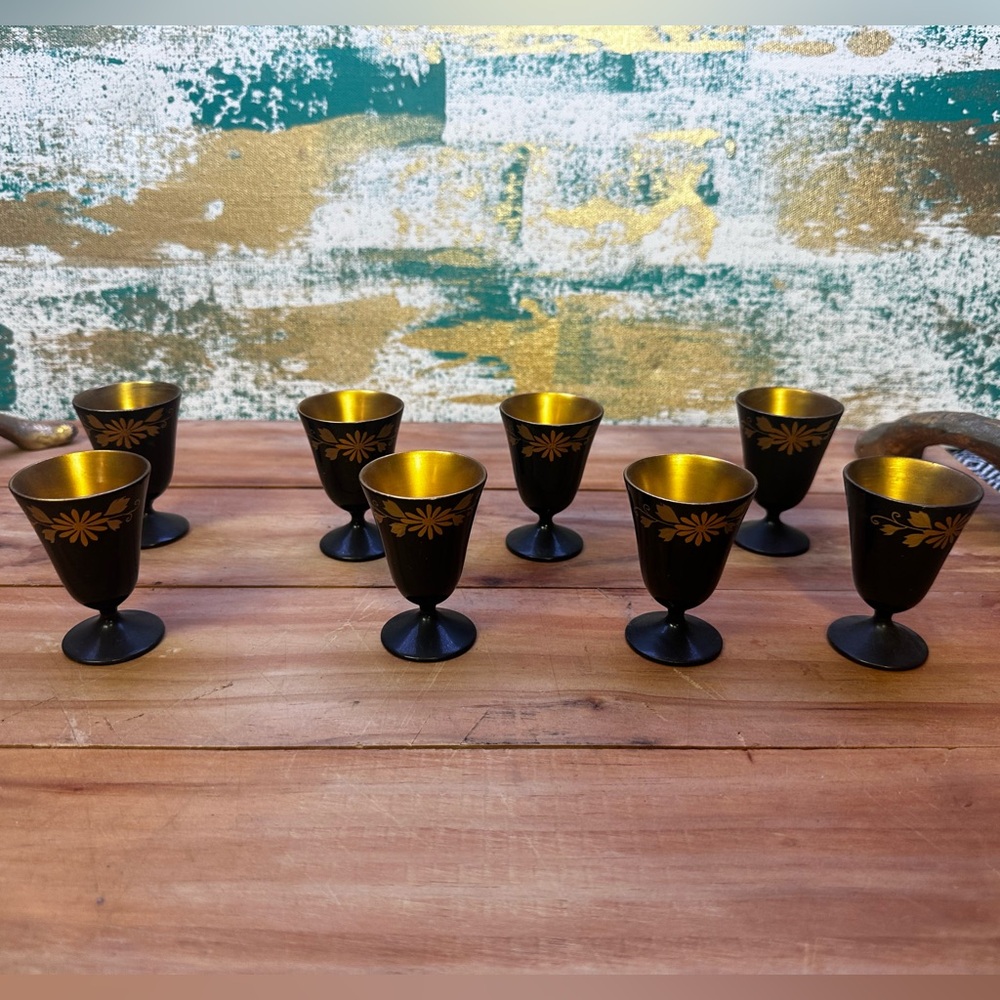 Vtg Made in Japan Lacquerware Sake Cups Stemware Set of 8